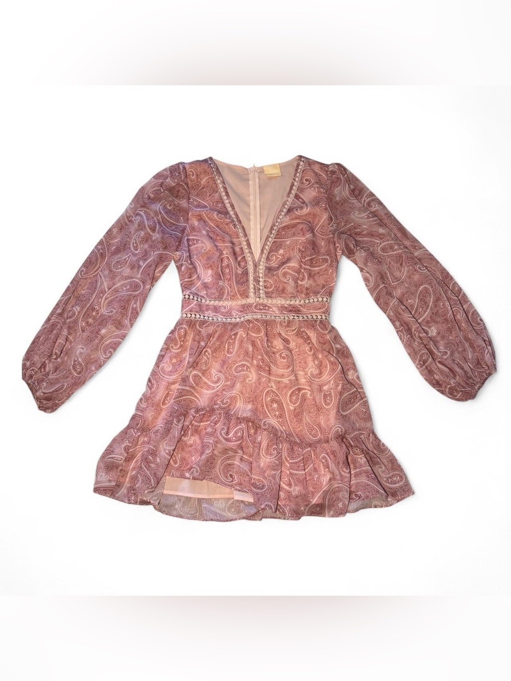 Bohemian Preppy Sage and Paige pink paisley long sleeve mini dress medium 🫧